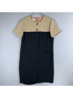 Evan-Picone Dress Size 10 Two-Tone Black Beige Short Sleeve Sheath Colorblock